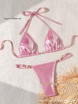 2024 European & American Shiny Pearl Thong Bikini Swimsuit Small rožinė