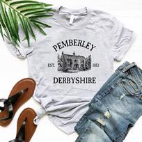 Pride and Prejudice T Shirts Jane Austen T-Shirt Pemberley House Shirt Women Graphic Tees Short Sleeve Book Lover Gift S pilka spalva