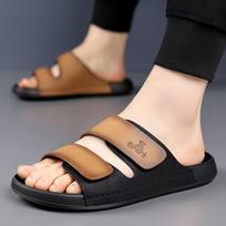 High quality lightweight one-word microfiber leather slippers men's summer new soft-soled beach shoes light luxury comfortable handmade sandals 38 geltona