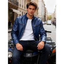 Mens Blue Stand Collar Faux Leather Biker Jacket S tamsiai mėlyna spalva