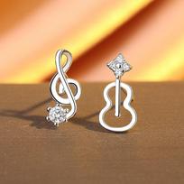 Muzikos natos smuiko tuščiaviduriai auskarai-studs, personalizuoti, išskirtiniai, maži, asimetriški, su cirkoniu, gitaros auskarai, moterims 925 silver brown