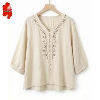Women's Embroidered V-Neck 3/4 Sleeve Blouse 4XL abrikosas