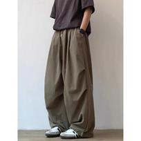 Summer Japanese Vintage Solid Color Baggy Pleated Oversize Wide-Leg Pants Men Women Straight Elastic Waist Casual Pants S chaki