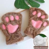 Autumn Winter Plush Cat Paw Fingerless Student Gloves - Warm Velvet Half Finger Bear Design One Size šviesios chaki spalvos