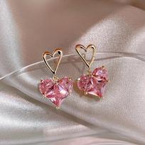 Pink Color CZ Crystal Heart Drop Earrings for Women Temperament Exaggerated Small Exquisite Creative Zircon Girl Gift