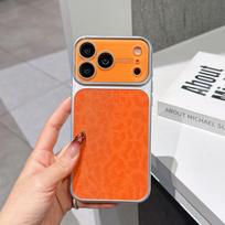 iPhone 17 PRO MAX Leopard Print Case with Full Coverage Lens Film and Leather Texture Compatibility 15 PRO oranžinė