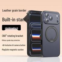 iPhone 17 Pro Max Leather Texture Case with AI Button & 360° Holder - Drop-Proof Protective Cover iPhone 16 Pro obsidian black spalva