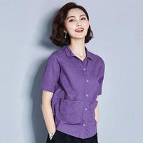 Womens Solid Color Short Sleeve Button Down Casual Shirt M violetinė