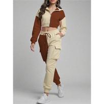 Women 2-Piece Tracksuit Color Block Crop Hoodie & Cargo Pants Set Casual Sportswear L abrikosas