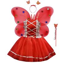 Kids Butterfly Costume 4-Piece Set Long Tutu Dress LED Light Wings Headband Wand 100-110cm Red 100-110 cm