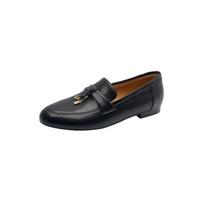 Krazing Pot Cow Leather Round Toe Low Heels Spring Shoes Loafers Slip on Brogue Leisure Women Pumps 34 juoda