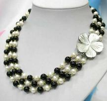 3 Rows 7-8mm White Pearl & 8mm Black Agate Necklace 17-19'' Shell Flower Clasp