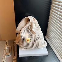 Women Knitted Tote Bag Crochet Shoulder Bag with Flower Decor Hollow Out Handbag Casual Beach Bag Outdoor Travel Bag 35x30cm smėlis