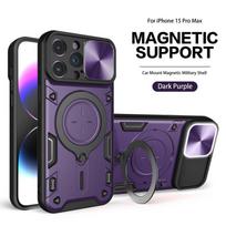 Slenkama kamera Atsparus smūgiams šarvuotas dėklas, skirtas iPhone 15 14 Plus 13 12 11 Pro Max XS X XR Žiedas Laikiklis Galinis dangtelis Magnetinis telefono korpusas for iPhone 15 ProMax violetinė