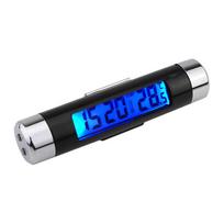 2 viename automobilinis laikrodis ir temperatūros matuoklis, tvirtinamas ant oro išleidimo angų, LED skaitmeninis ekranas, termometras su mėlynu apšvietimu, 12 val. juoda