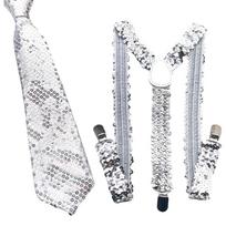 Elastic Suspenders and Neck Tie Set for Men with Metal Clip Comfortable and Popular Costume Brace for Party Gathering sidabras
