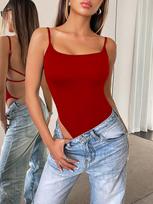 Women'S Sexy Onesie Solid Color Halter Strap-Up Summer Exteriors Suspender Top Tights Women'S Clothing XS raudona