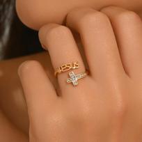 Dainty Gold Color JESUS Cross Ring Sparkling CZ Christian Open Band Ring Inspirational Religious Jewelry for Women Easter Gift