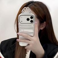 Luxury Silver iPhone 17/16/15/14/13 Pro Max Crown-Compatible Down Jacket Case iPhone 14 Pro