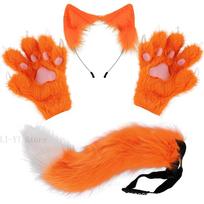 4Pcs/Set Plush Fox Ears Tail Fluffy Cat Paw Gloves With Nails Animal Ear Halloween Costume Accessories Furry Kitsune Cosplay Set as show