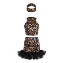 Merginų 3 dalių leopardo rašto Lotynų šokio topas su petnešėlėmis, trumpas, be rankovių, su savarankiškai rišamu dirželiu, elastingu juosmeniu, klostuotas sijonas, galvos juostos rinkinys 3-4 Years ruda