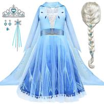 Kids Elsa Frozen 2 Dress Set with Tiara, Wig and Accessories, Ice Queen, Fine Fabric, Size 120, Blue 3 years/4 years