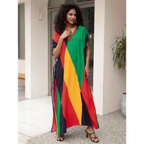 Women's Boho Style Cover Up, Plus Size V Neck Contrast Color Loose Fit Vacay Beach Kaftan Dress One-size įvairiaspalvis