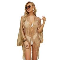 Summer Beach Smock Hollow Out Kutas Decor Apsaugos nuo saulės Laisvas Greitai Išdžiūsta Maudymosi kostiumėlis Cover-up Open Beach Wear Poncho Cardigan Nereguliarus Holiday Mid 50 cm auksinė