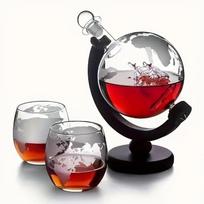 Men's Whiskey Decanter Set - Etched World Ball Design - Capacity 28 oz/850 ml, with Wooden Stand and 2 Glass - Men's Gift