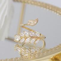 Huitan Korean Style Olive Leaf Rings Gold Color Luxury Fashion CZ Finger Accessories for Women Adjustable Opening Rings Zircon resizable
