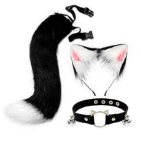 3Pcs Cute Fox Ears Wolf Ears Hairband+Plush Tail +Bell Collar For Performance Halloween Costume Accessories Dress Up 50cm