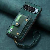 Retro PU Leather Wrist Strap Stand Phone Case for Google Pixel 6 7 8 9 Pro XL 8A 7A 6A Wallet with Card Holder Shockproof Cover Goole Pixel 9Pro žalia