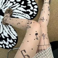 Kave Y2K Music Note Patterned Piano Tights For Women Gothic Stockings Kwaii Lolita Silk Thin Long Socks Festival Sheer Pantyhose M black