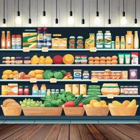2D Cartoon Grocery Store Shelves Backdrop Fresh Food Fruits Vegetables for Party 47.2x31.5inch/120*80cm
