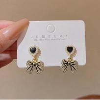Black Heart Bowknot Crystal Imitation Pearl Drop Earrings for Women Personality Brincos Zircon Christmas Gift Wholesale