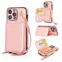 Compatible with Apple iPhone 15 Pro Max/14/13, this crossbody leather phone case features multifunctional card slots for added protection. iPhone 11 Pro rožinė