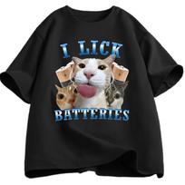I Lick Batteries Funny Cat Graphic T Shirts Cotton Short Sleeve O Neck T-shirt Casual Fashion Man T-shirt Short Sleeve Summer S įvairiaspalvis