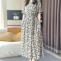 Womens Floral Print Short Sleeve Elastic Waist Maxi Dress XL žalia