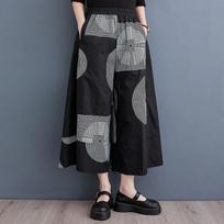 Plus size Cotton Vintage black high Waist Casual loose Summer wide leg Pants Women Trousers