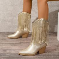 2024 New Classic Women's Vintage Cowgirls Gold Fringed Cowboy Boots for Women Shoes Square Heels Concert Western Boot Female 36 auksas