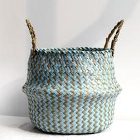 Boho Dekoras Dryžuoti Pintiniai Laikymo Krepšiai Rankų darbo Sulankstomas Skalbinių Krepšys Patchwork Jūržolių Gėlė Pilvas Sodo Gėlių Vazonas 23cmX20cm mėlyna