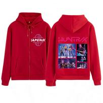 KPop Demon Hunters Huntrix Fashion Print zipper hoodie men women Aesthetic trend jacket thick casual zip up Sweatshirt Fan gifts XL raudona