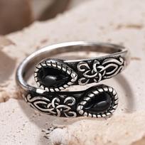 Huitan Aesthetic Caved Pattern Opening Rings with Waterdrop Black Stone Antique Copper Color Vintage Elegant Female Ring Zircon resizable