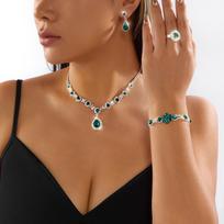 Light Luxury Green Crystal Water Drop Zircon Set For Women Full Rhinestone Zircon Necklaces Bracelet Ring Earrings Wedding Gift