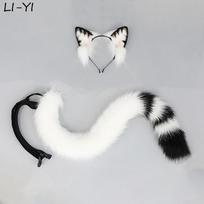 2Pcs/Set Calico Cat Ear Tail Cute Black And White Cat Ears Headdress Tabby Cat Tail Animal Cosplay Props Plush Hair Accessories ear and tail
