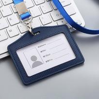 High Quality Genuine Leather Work Card Holder With Neck Lanyard Solid Color ID Badge Holders Office Worker Supplies