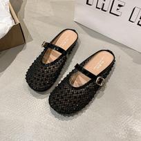 Rhinestone Mary Jane Baotou Slippers Women's 2025 New Summer Wear Half-drag Mesh Breathable Cool Slippers 35 juoda