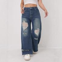 High Waist Ripped Baggy Jeans for Women, Vintage Loose Fit Wide Leg Straight Denim Pants with Retro Distressed Design XS mėlyna
