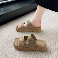 New Style Casual Flip-flops with Thick Soles, Beach Sandals, Single-toe Sandals, Women's Shoes 35 chaki