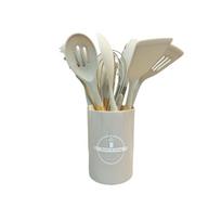 12pcs Wooden Handle Kitchen Utensils Set Silicone Heat Resistant Baking Shovel Eco-Friendly with Storage Bucket Soup Spoon chaki